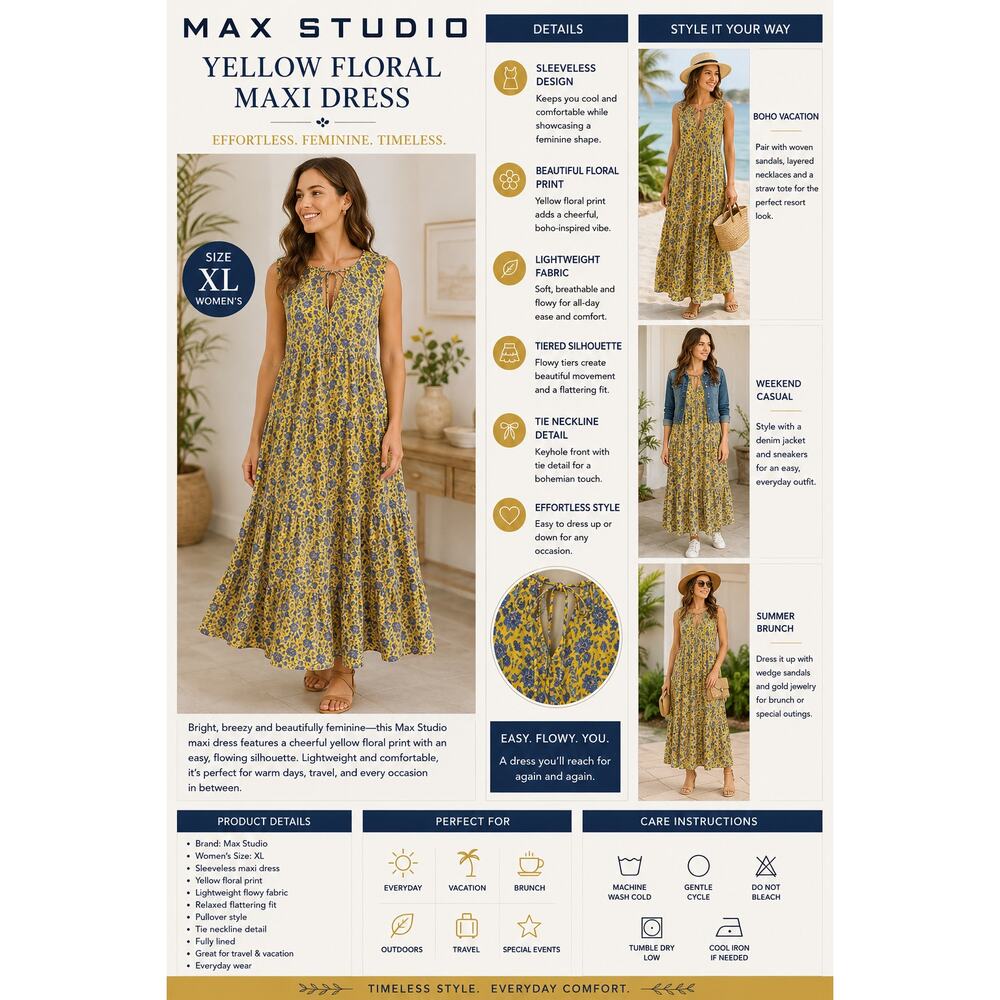 Max Studio Maxi Dress Sleeveless Yellow Floral SZXL Boho Summer